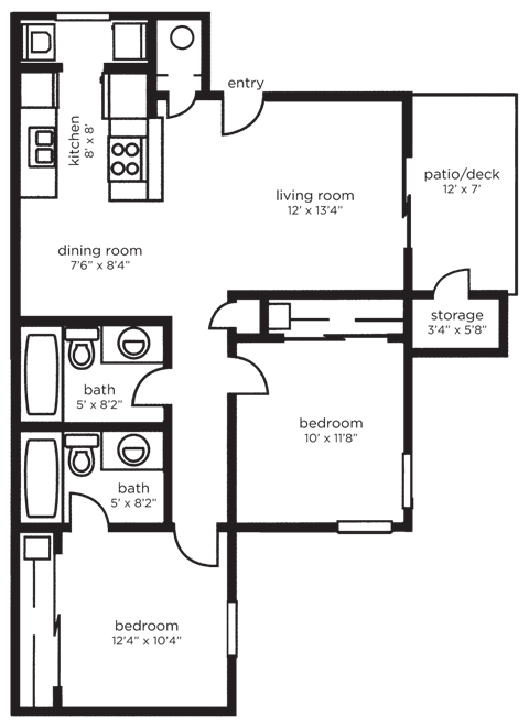 Floor plan for 2 beds, 2 baths, 877 sqft